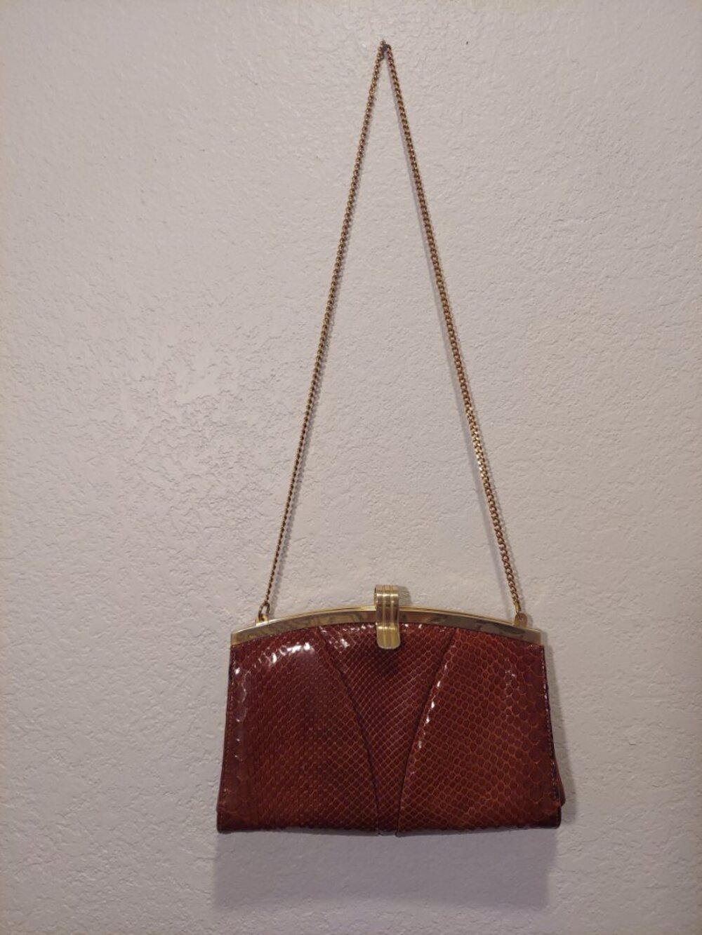Vintage Argentine Leather Snakeskin Clutch Purse Brown Gold Chain - Picture 2 of 14